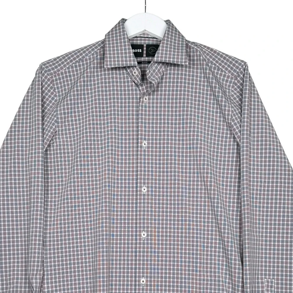 Hugo Boss Performance Slim Button Up Plaid Burgundy Blue - Small 14 1/2